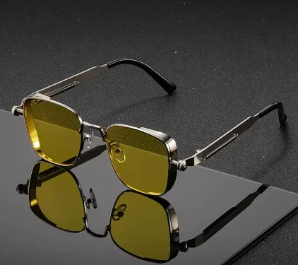 Men Driving Sunglasses Vintage Steampunk Square Sunglasses Metal Frame with Spring Hinges Women Eyepiece Trendy Driver Glasses