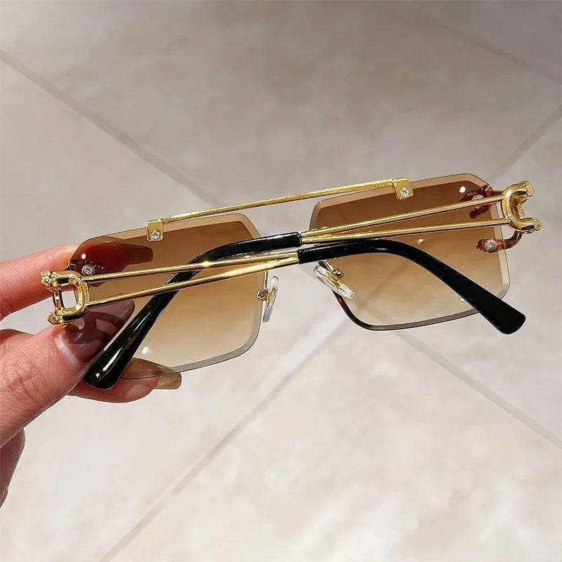 Vintage Rimless Sunglasses Men Women Fashion Oversized Square Shades Eyewear New Double Bridge Gradient UV400 Sun Glasses
