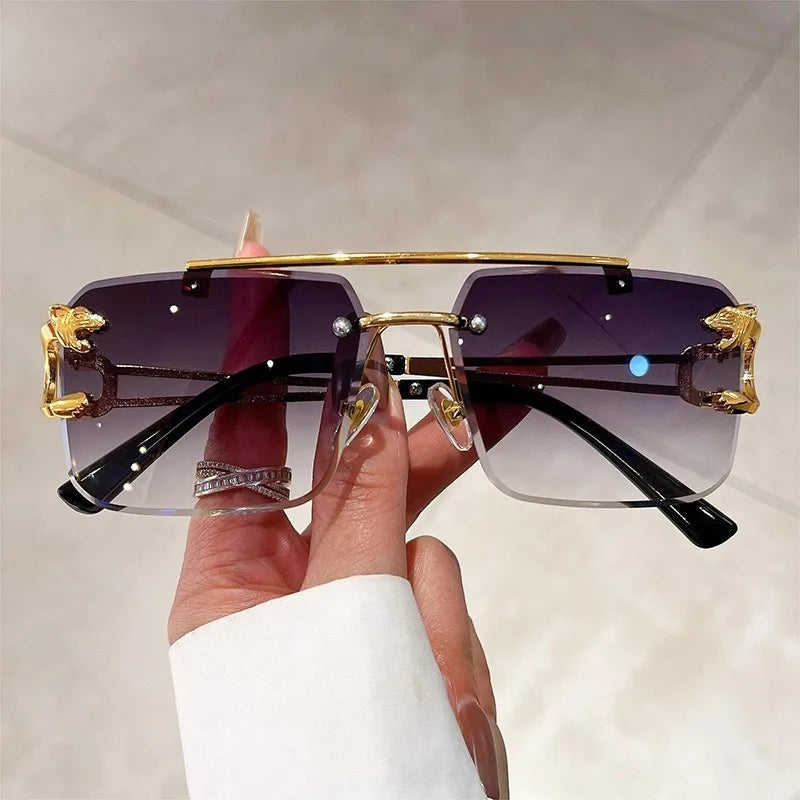Vintage Rimless Sunglasses Men Women Fashion Oversized Square Shades Eyewear New Double Bridge Gradient UV400 Sun Glasses