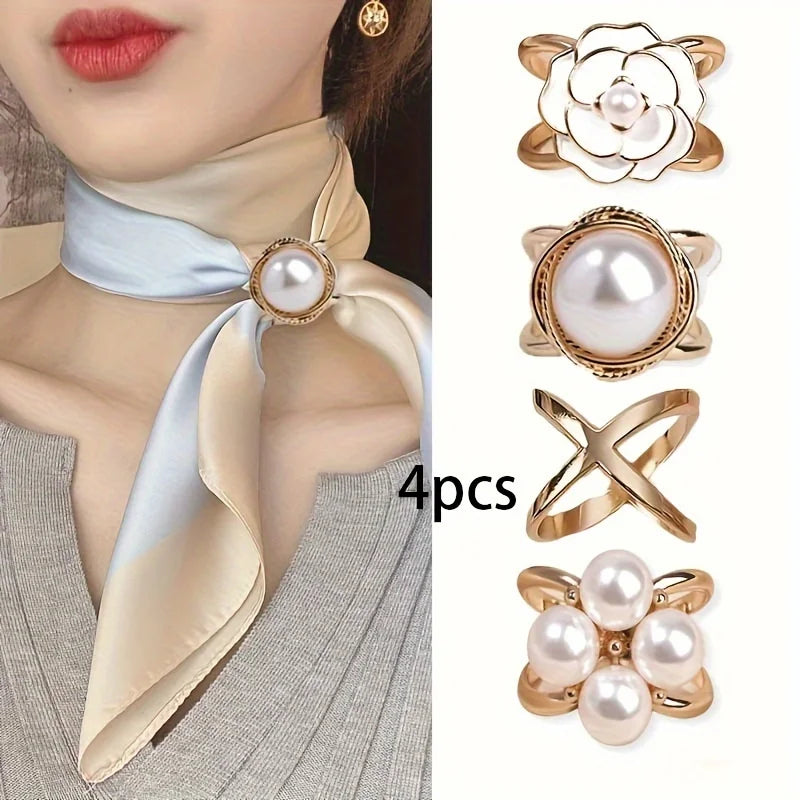 4-Pack Elegant Gold Faux Pearl Scarf Clips Set - Multifunctional Metal Corner Knots and Ring Buckle Clips, Secure Hold