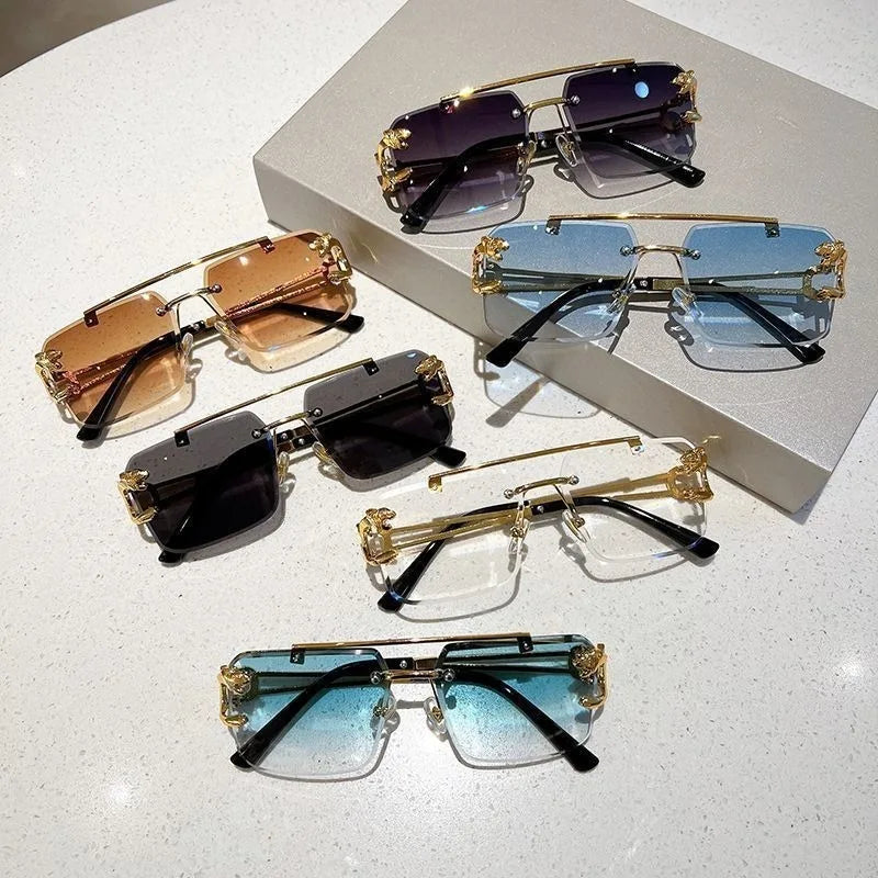 Vintage Rimless Sunglasses Men Women Fashion Oversized Square Shades Eyewear New Double Bridge Gradient UV400 Sun Glasses